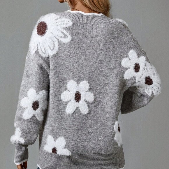 Grey Casual Women's Spring Floral Pattern Easter Family Sweater - Picture 2 of 5